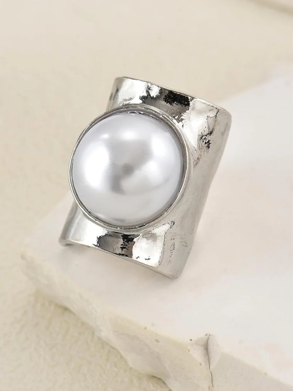Silver Sculptural Ring with White Pearl